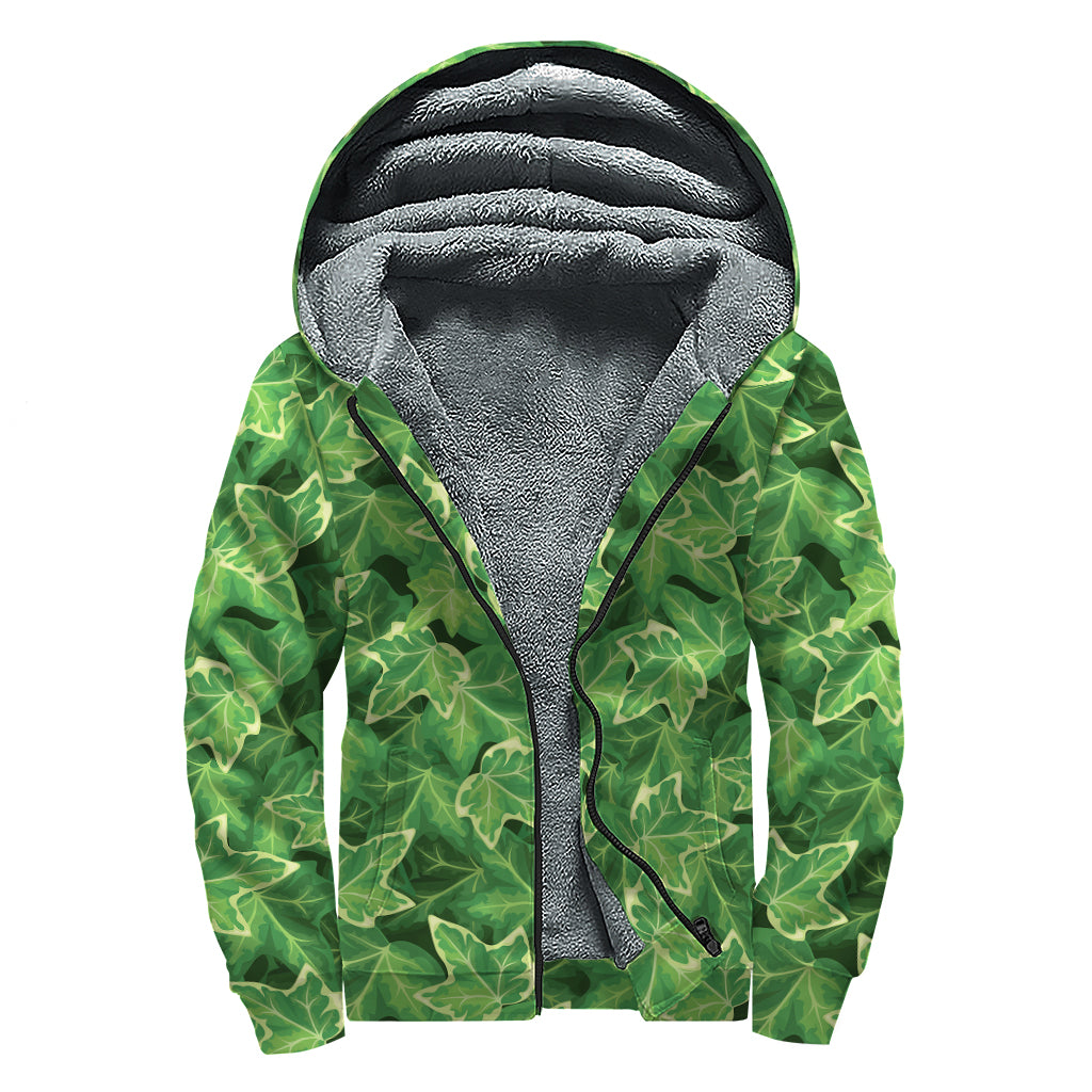 Green Ivy Leaf Pattern Print Sherpa Lined Zip Up Hoodie