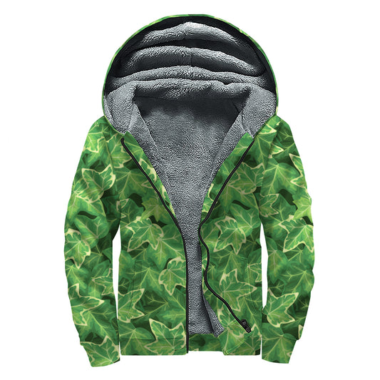 Green Ivy Leaf Pattern Print Sherpa Lined Zip Up Hoodie