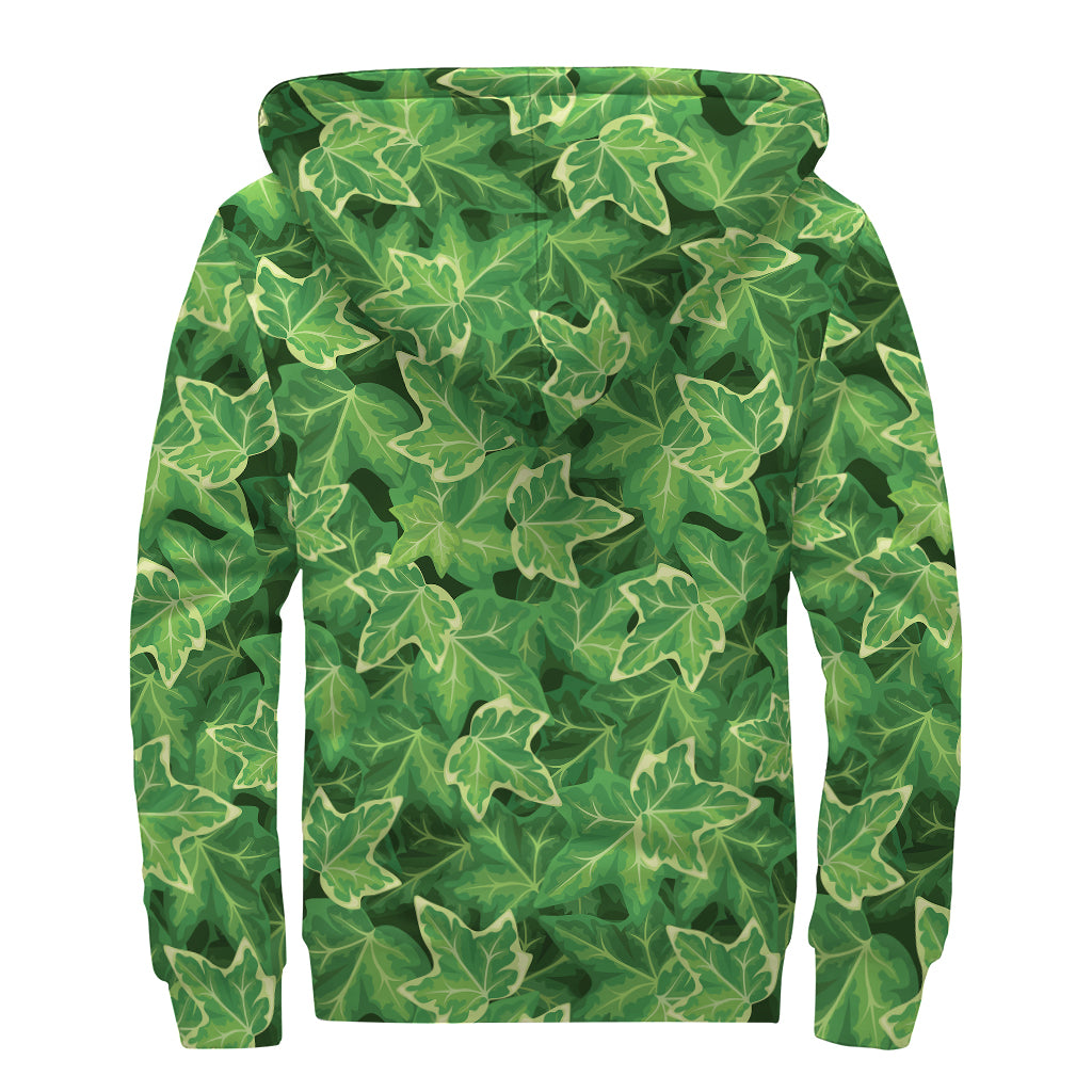 Green Ivy Leaf Pattern Print Sherpa Lined Zip Up Hoodie