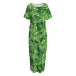 Green Ivy Leaf Pattern Print Short Sleeve Long Nightdress