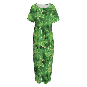 Green Ivy Leaf Pattern Print Short Sleeve Long Nightdress