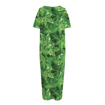 Green Ivy Leaf Pattern Print Short Sleeve Long Nightdress
