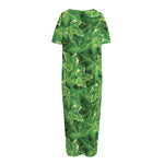 Green Ivy Leaf Pattern Print Short Sleeve Long Nightdress