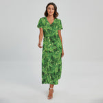 Green Ivy Leaf Pattern Print Short Sleeve Maxi Dress