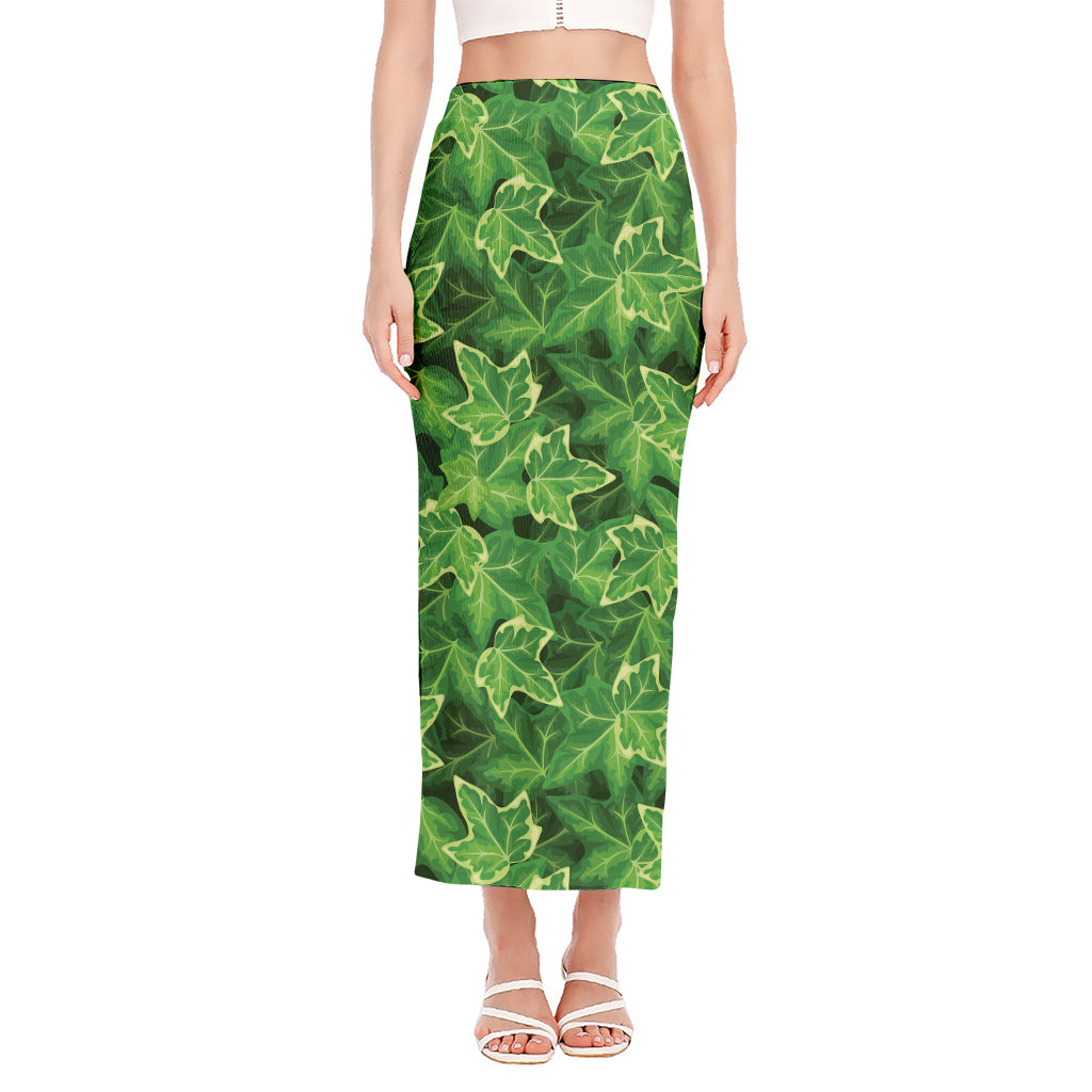 Green Ivy Leaf Pattern Print Side Slit Maxi Skirt