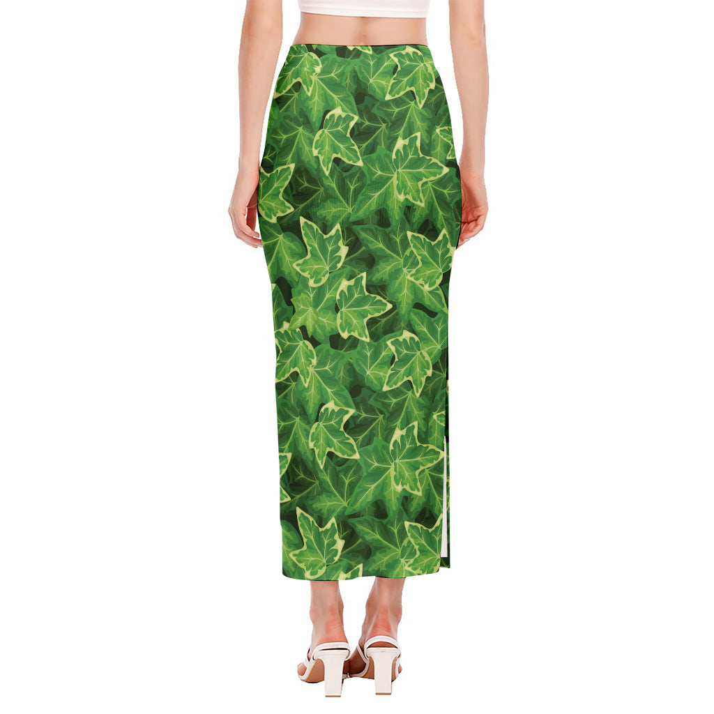 Green Ivy Leaf Pattern Print Side Slit Maxi Skirt