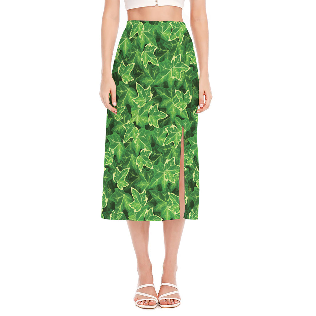 Green Ivy Leaf Pattern Print Side Slit Midi Skirt