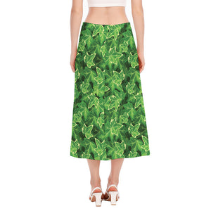 Green Ivy Leaf Pattern Print Side Slit Midi Skirt