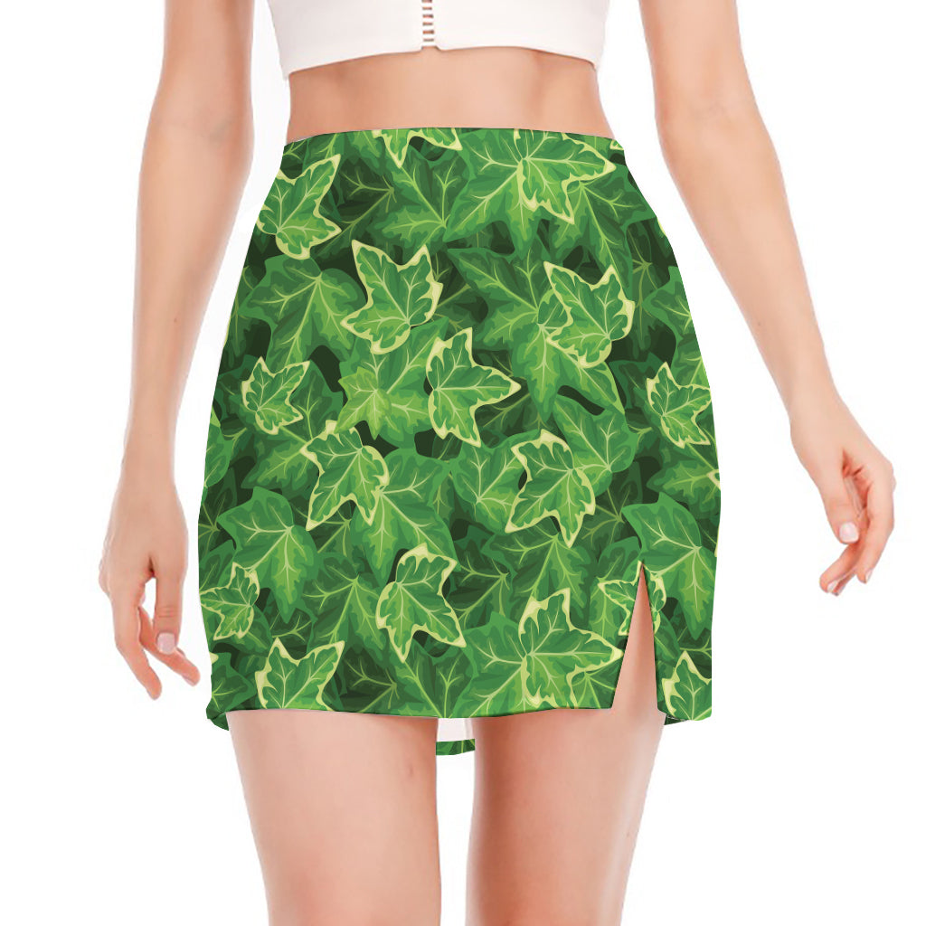 Green Ivy Leaf Pattern Print Side Slit Mini Skirt