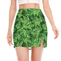Green Ivy Leaf Pattern Print Side Slit Mini Skirt