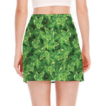 Green Ivy Leaf Pattern Print Side Slit Mini Skirt