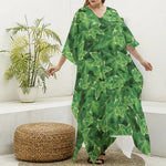 Green Ivy Leaf Pattern Print Silk V-Neck Kaftan Dress