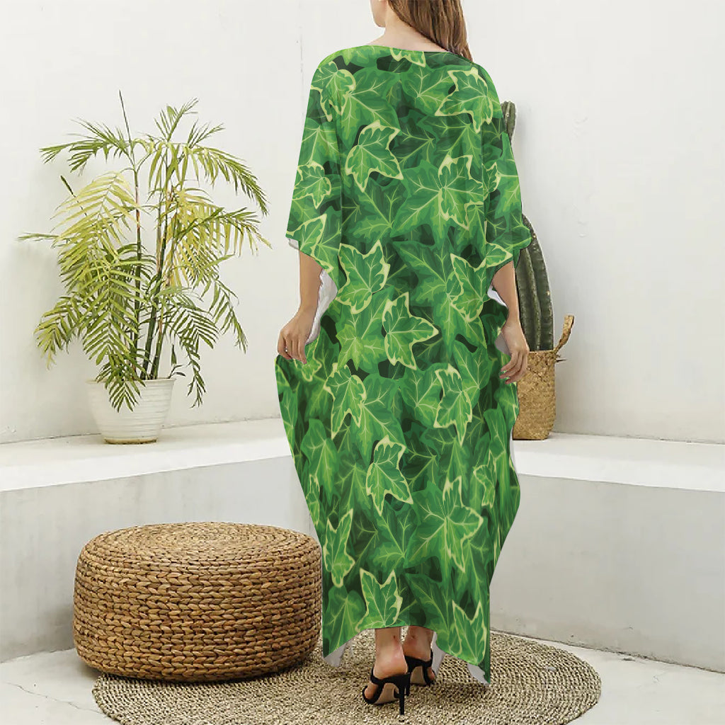 Green Ivy Leaf Pattern Print Silk V-Neck Kaftan Dress