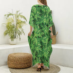 Green Ivy Leaf Pattern Print Silk V-Neck Kaftan Dress