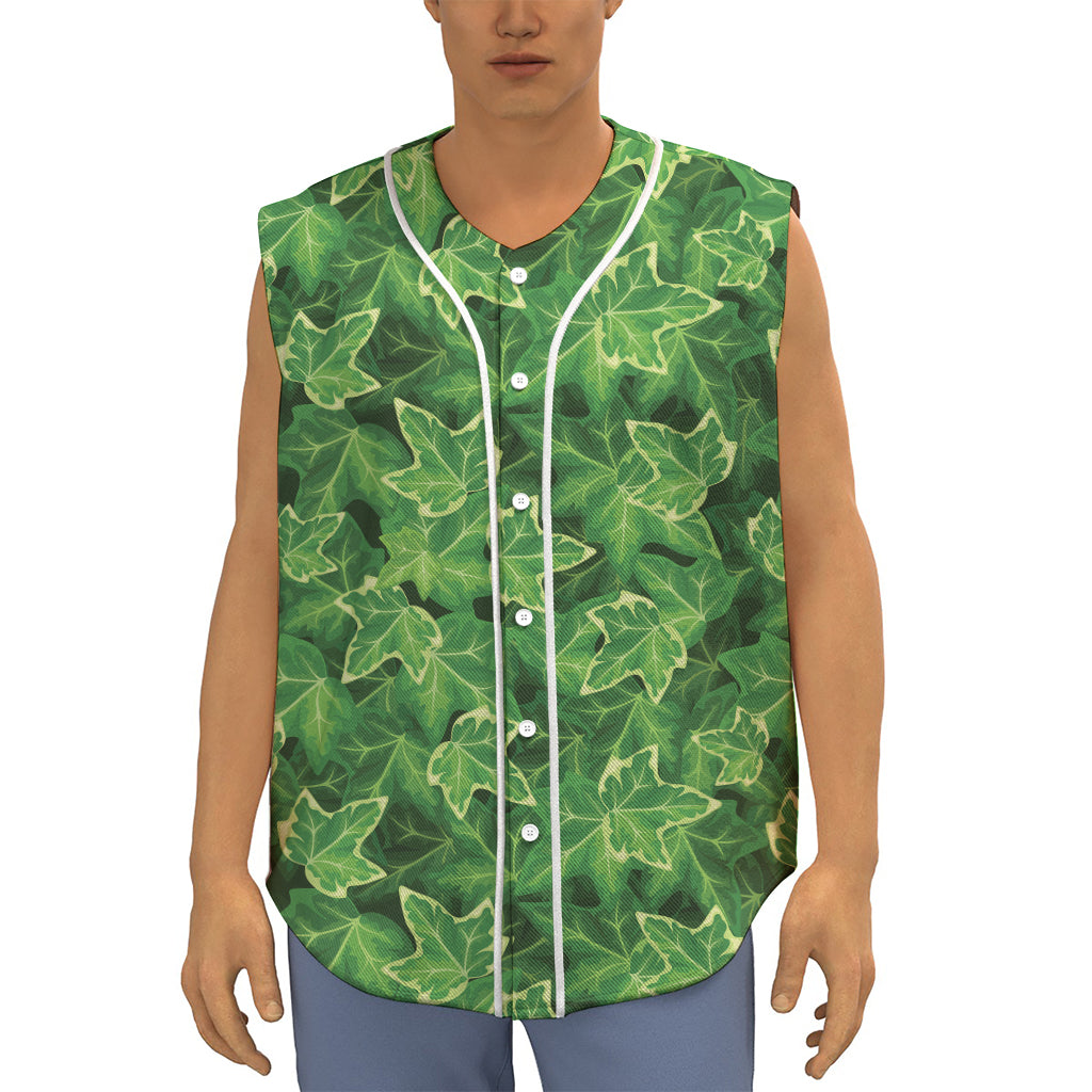 Green Ivy Leaf Pattern Print Sleeveless Baseball Jersey