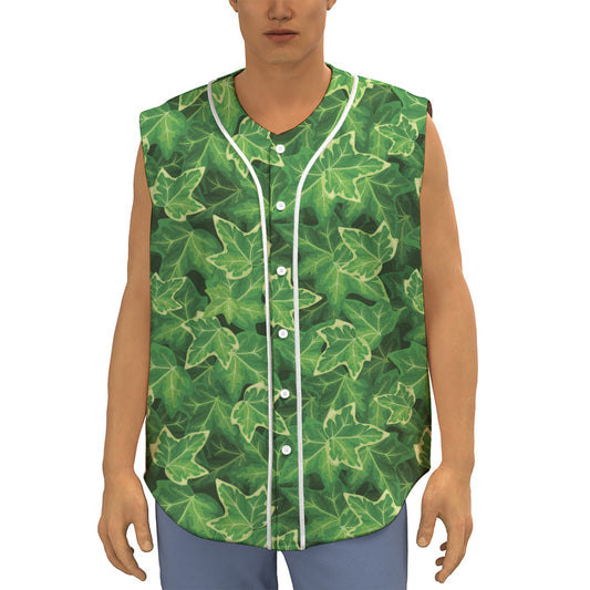 Green Ivy Leaf Pattern Print Sleeveless Baseball Jersey