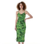 Green Ivy Leaf Pattern Print Slim Fit Midi Cami Dress