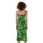 Green Ivy Leaf Pattern Print Slim Fit Midi Cami Dress