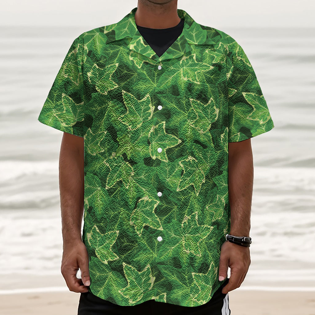 Green Ivy Leaf Pattern Print Textured Short Sleeve Shirt