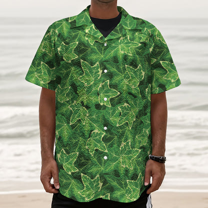 Green Ivy Leaf Pattern Print Textured Short Sleeve Shirt