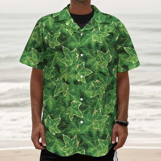 Green Ivy Leaf Pattern Print Textured Short Sleeve Shirt