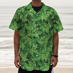Green Ivy Leaf Pattern Print Textured Short Sleeve Shirt