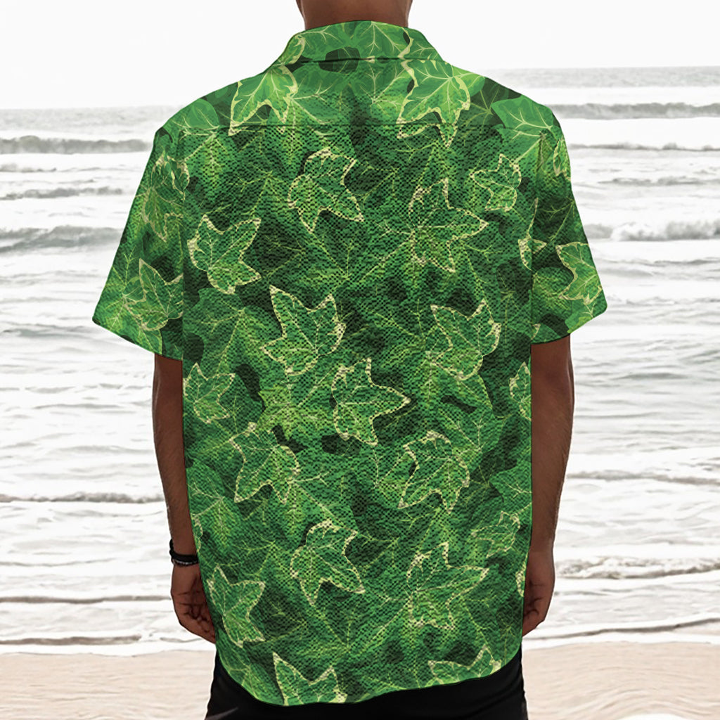 Green Ivy Leaf Pattern Print Textured Short Sleeve Shirt
