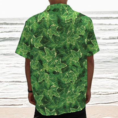 Green Ivy Leaf Pattern Print Textured Short Sleeve Shirt
