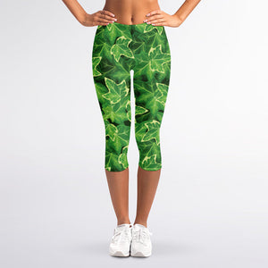 Green Ivy Leaf Pattern Print Women's Capri Leggings