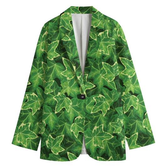 Green Ivy Leaf Pattern Print Women's Cotton Blazer