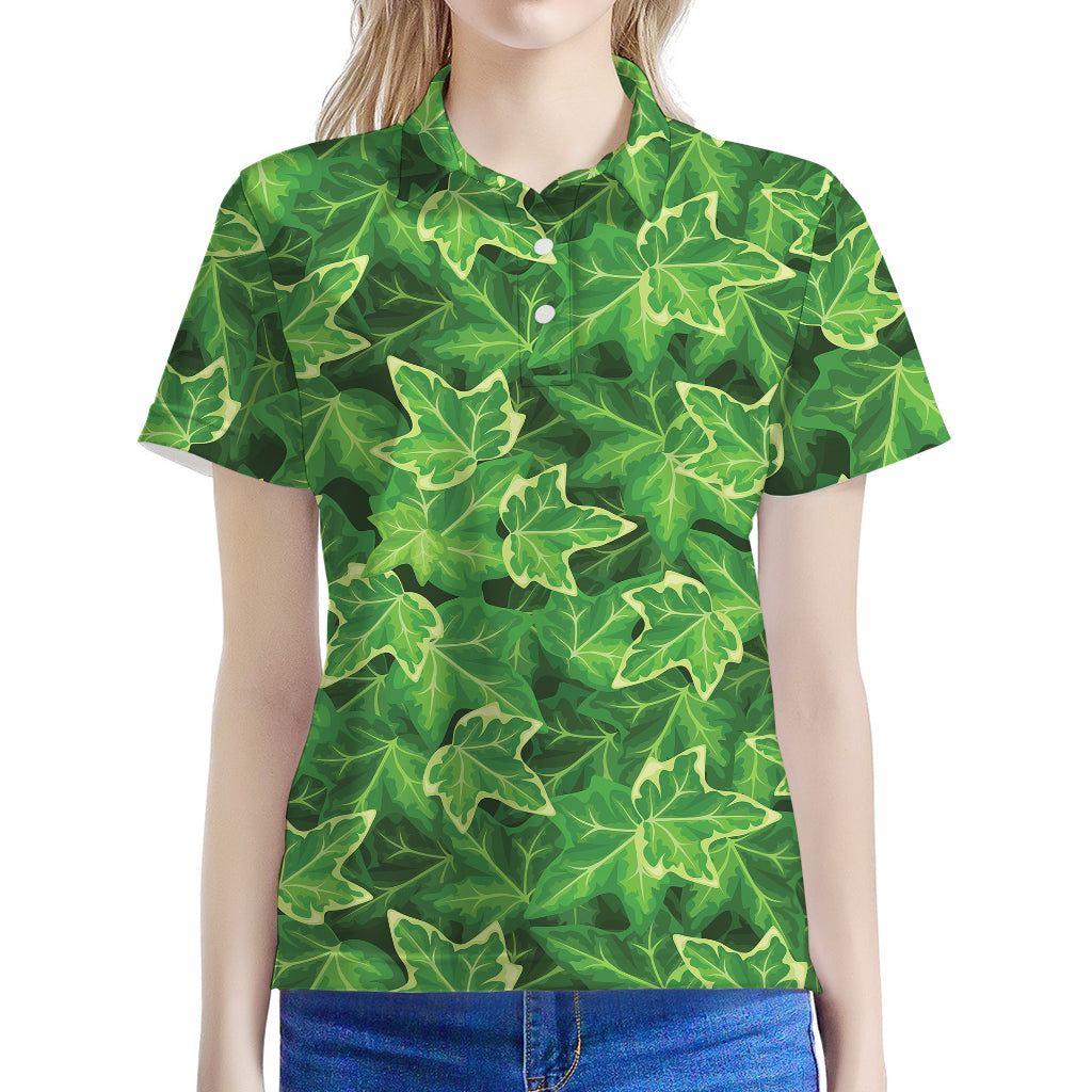 Green Ivy Leaf Pattern Print Women's Polo Shirt