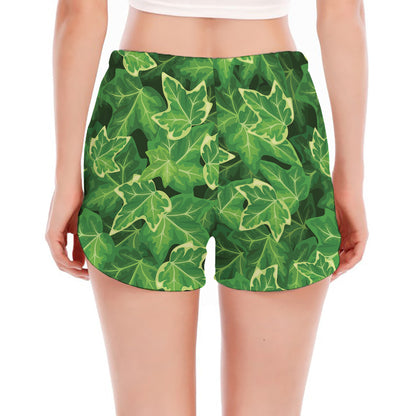 Green Ivy Leaf Pattern Print Women's Split Running Shorts