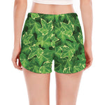 Green Ivy Leaf Pattern Print Women's Split Running Shorts