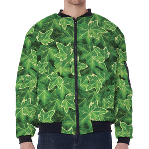 Green Ivy Leaf Pattern Print Zip Sleeve Bomber Jacket