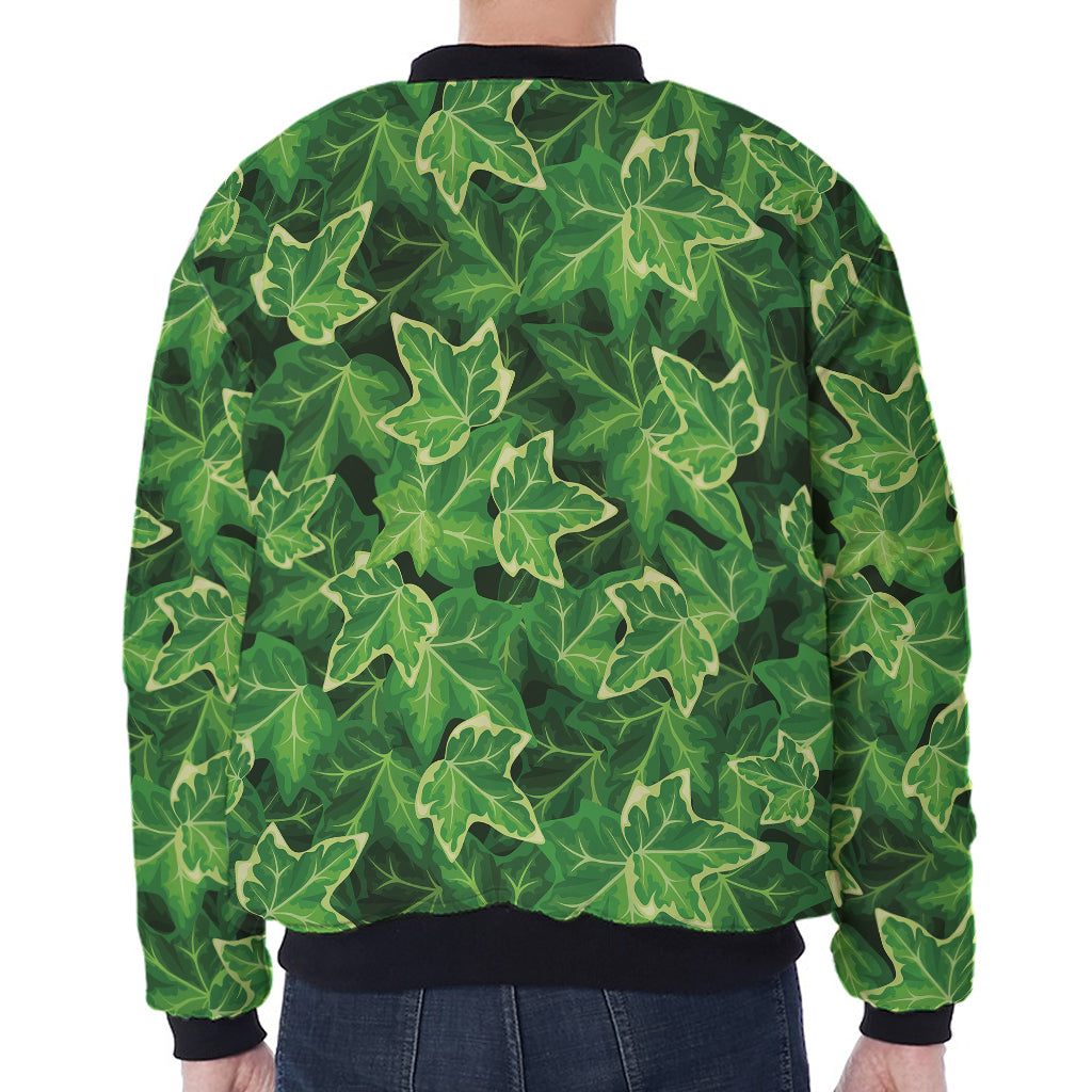 Green Ivy Leaf Pattern Print Zip Sleeve Bomber Jacket