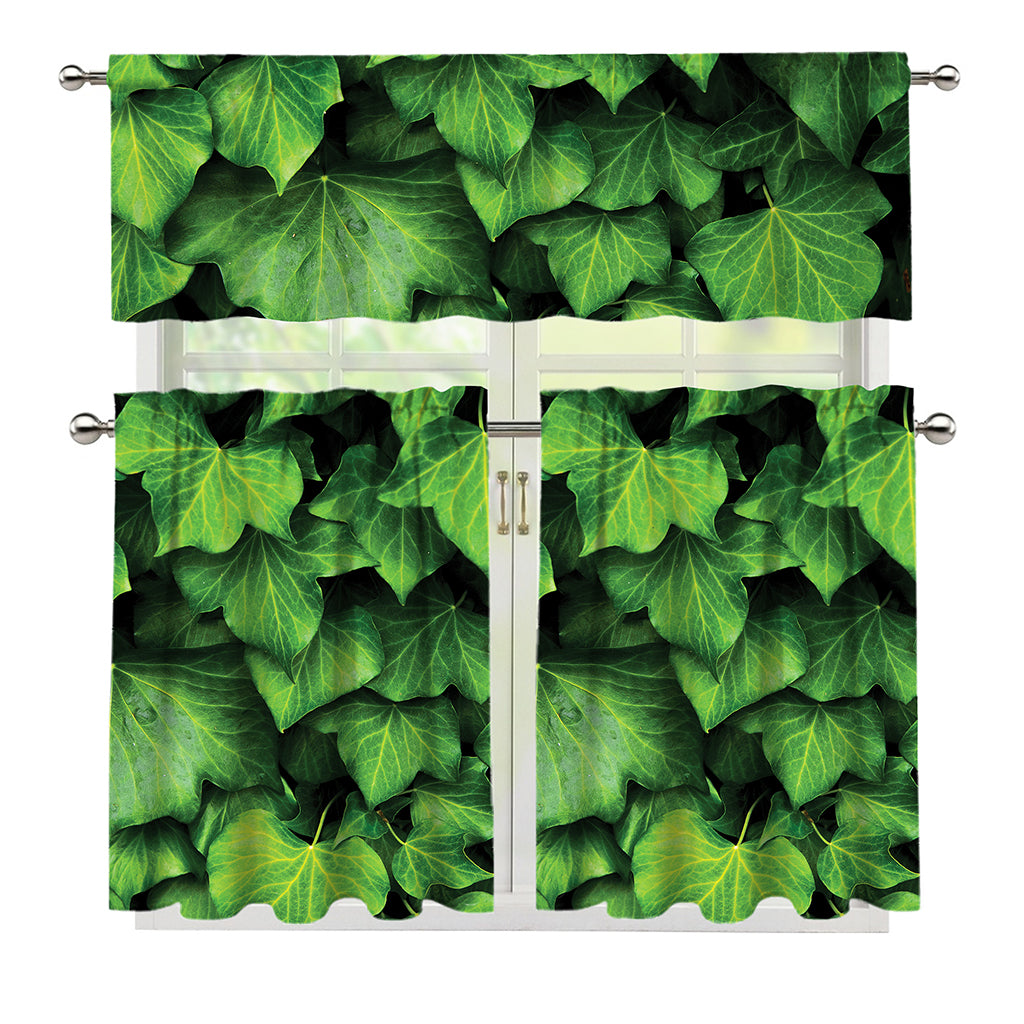 Green Ivy Leaf Print 3 Piece Kitchen Curtains
