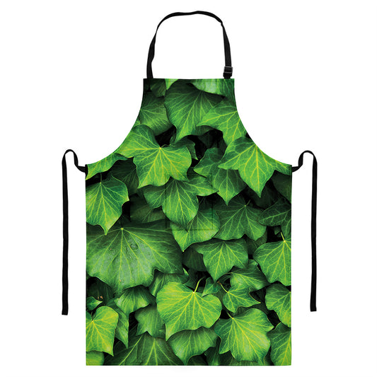 Green Ivy Leaf Print Bib Apron With Pocket