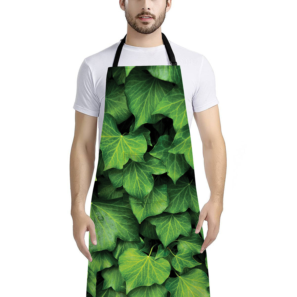 Green Ivy Leaf Print Bib Apron With Pocket