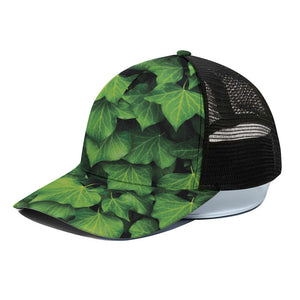 Green Ivy Leaf Print Black Mesh Trucker Cap