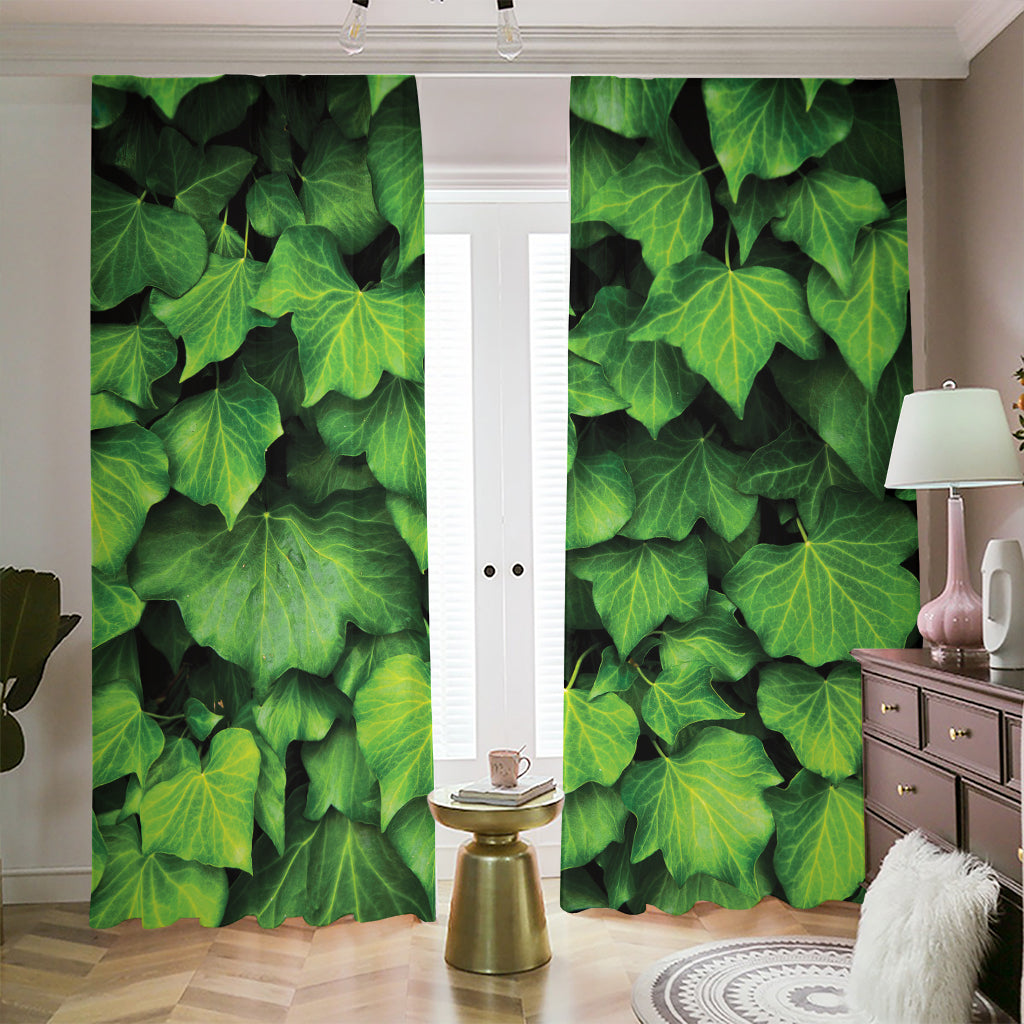 Green Ivy Leaf Print Blackout Pencil Pleat Curtains