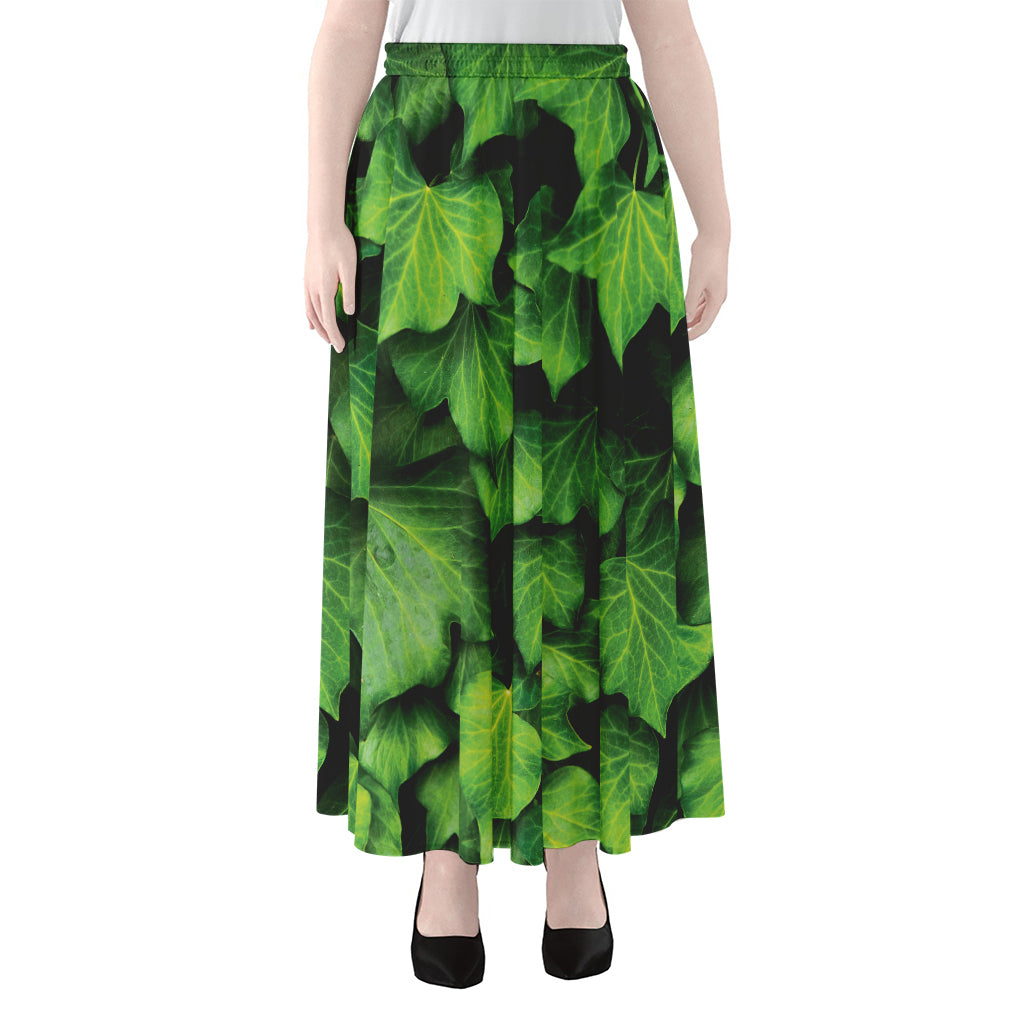 Green Ivy Leaf Print Chiffon Maxi Skirt