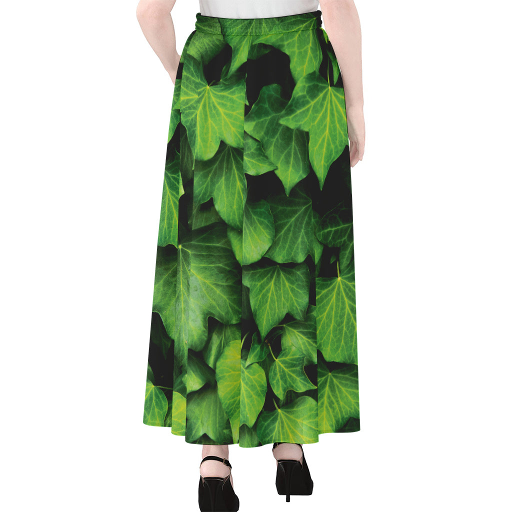 Green Ivy Leaf Print Chiffon Maxi Skirt