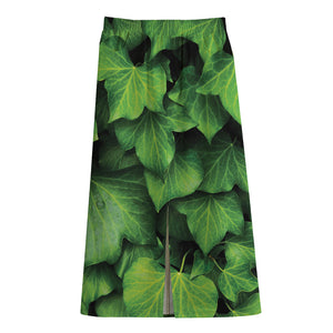 Green Ivy Leaf Print Cotton Front Slit Maxi Skirt