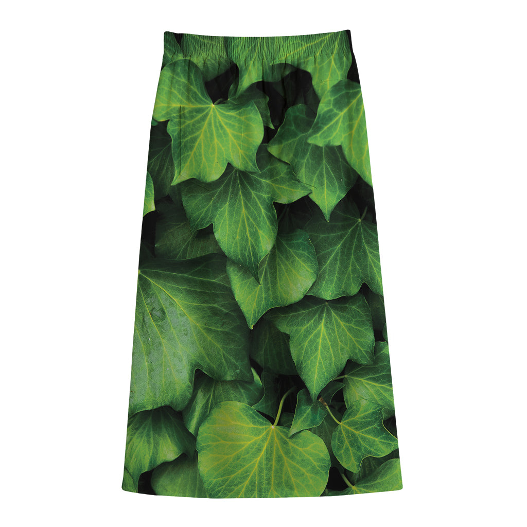 Green Ivy Leaf Print Cotton Front Slit Maxi Skirt