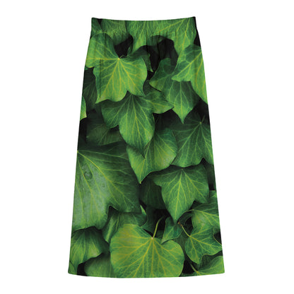 Green Ivy Leaf Print Cotton Front Slit Maxi Skirt