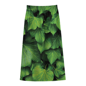 Green Ivy Leaf Print Cotton Front Slit Maxi Skirt