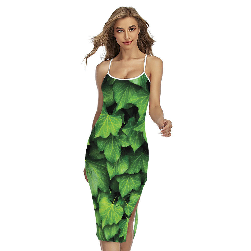 Green Ivy Leaf Print Cross Back Cami Dress