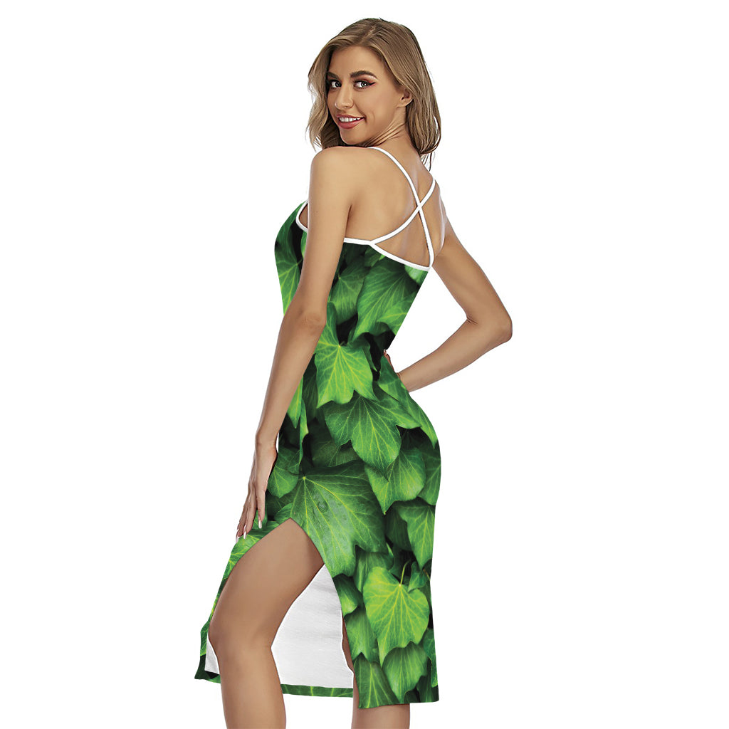 Green Ivy Leaf Print Cross Back Cami Dress