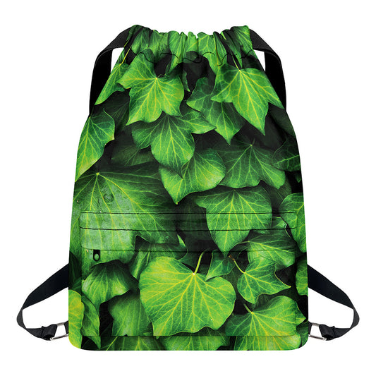 Green Ivy Leaf Print Drawstring Backpack