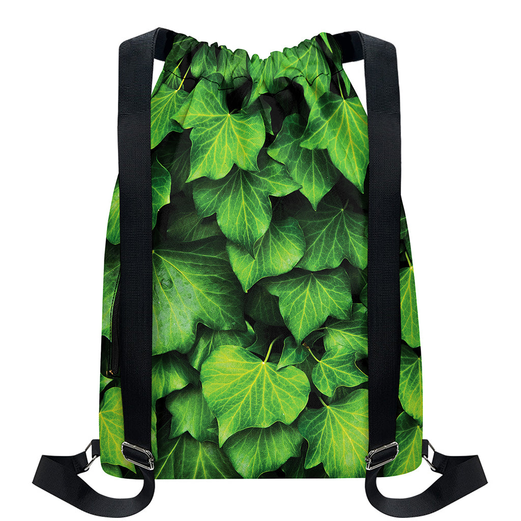 Green Ivy Leaf Print Drawstring Backpack